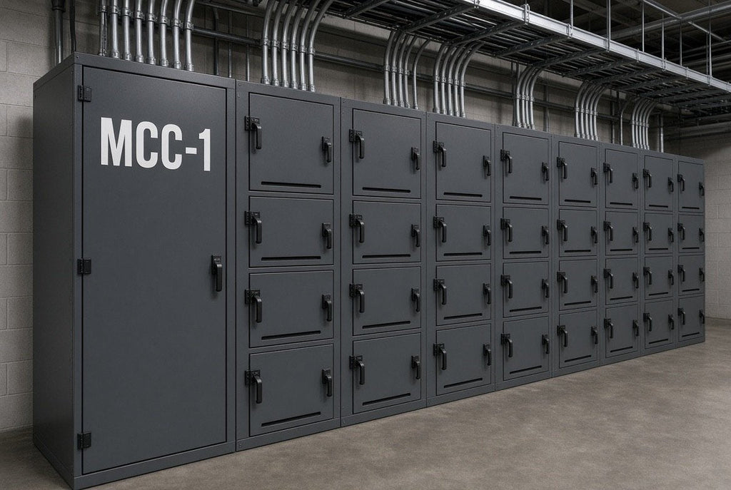 Illustration of an MCC-1 cut-vinyl equipment ID applied to a motor control centre lineup