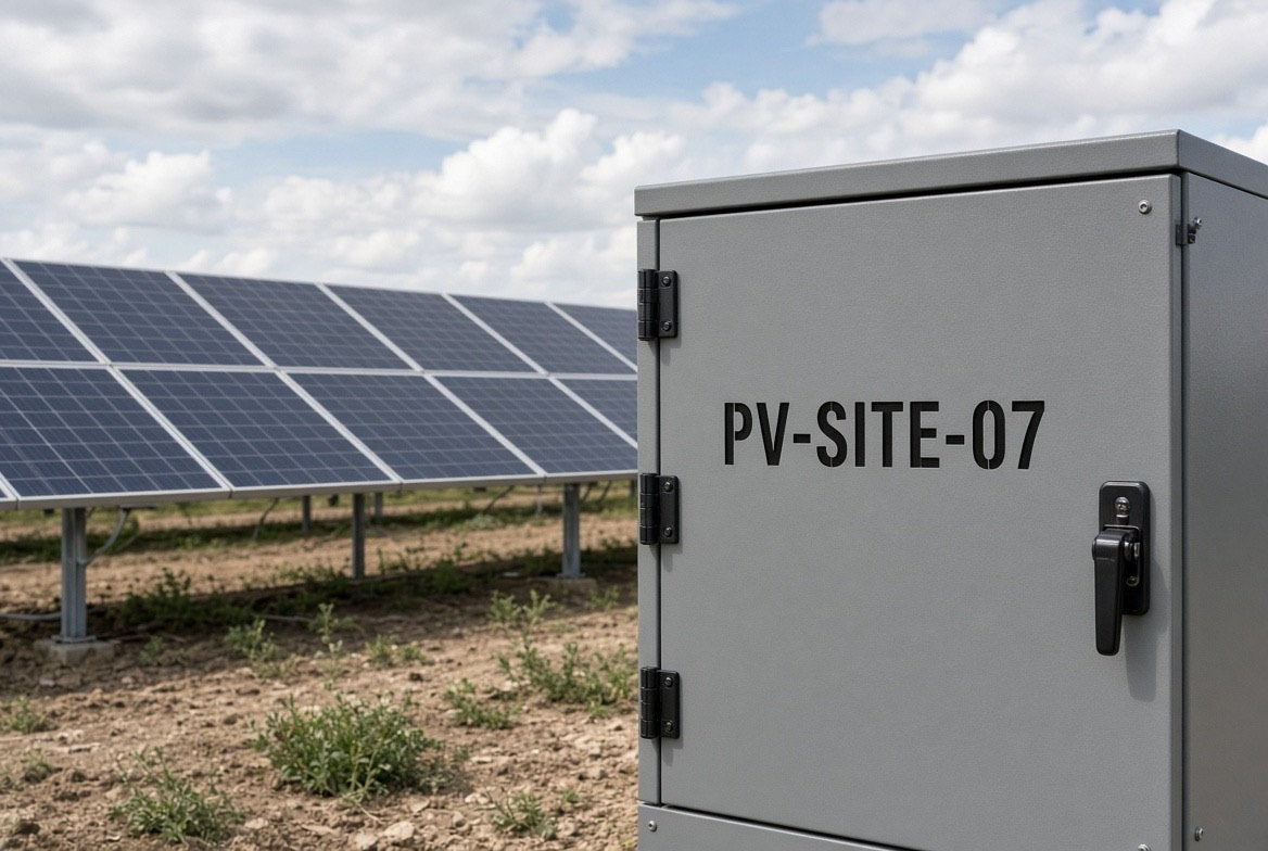 Illustration of a PV-SITE-07 cut-vinyl site ID on a combiner enclosure at a solar array