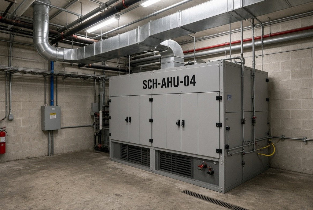 Illustration of SCH-AHU-04 cut-vinyl equipment ID on a school air handling unit