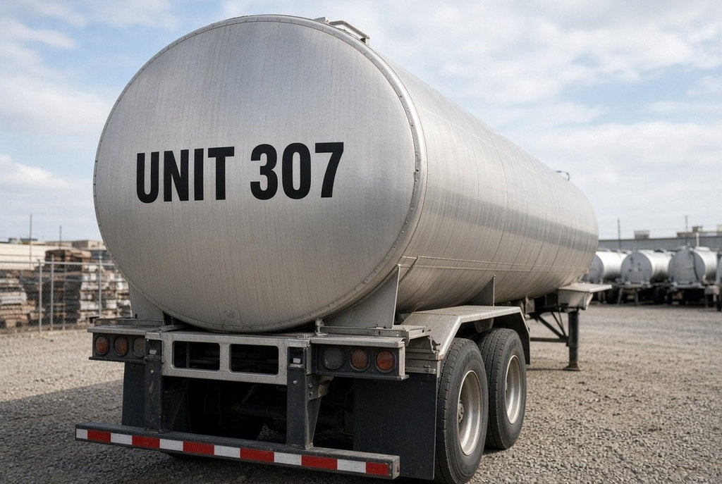 Illustration of UNIT 307 cut-vinyl identification on a stainless cargo tank trailer