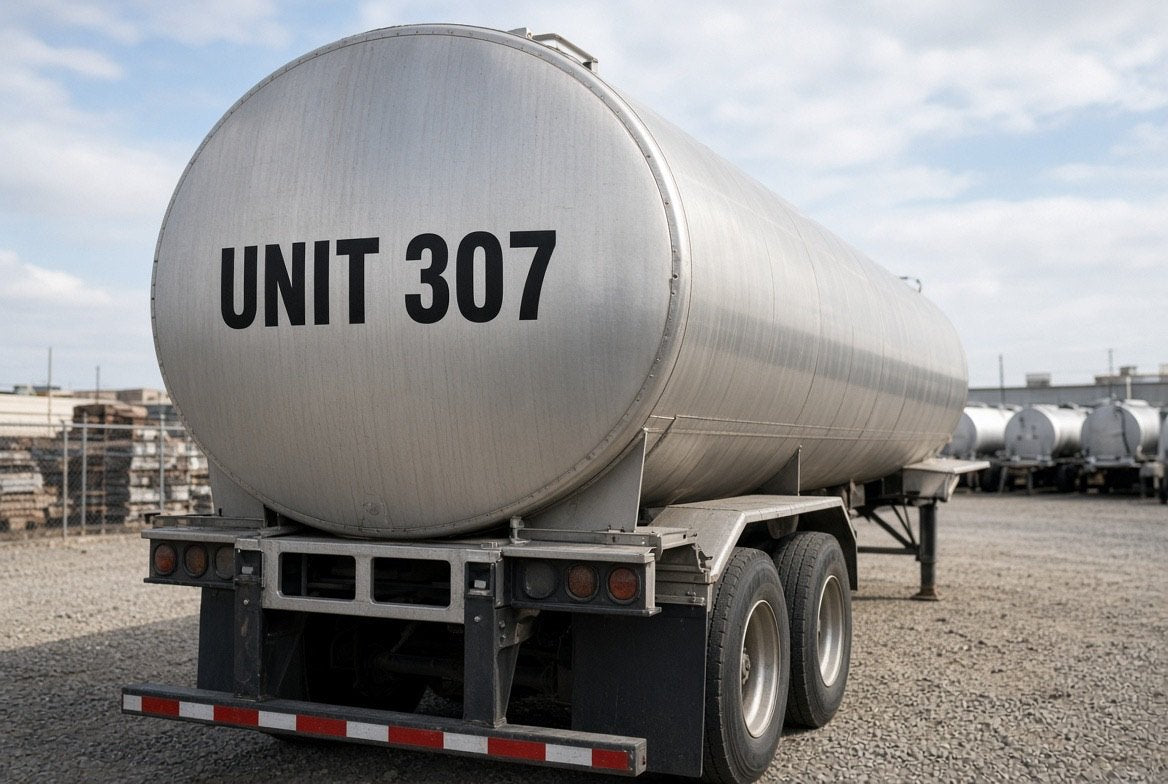 Illustration of UNIT 307 cut-vinyl identification on a stainless cargo tank trailer