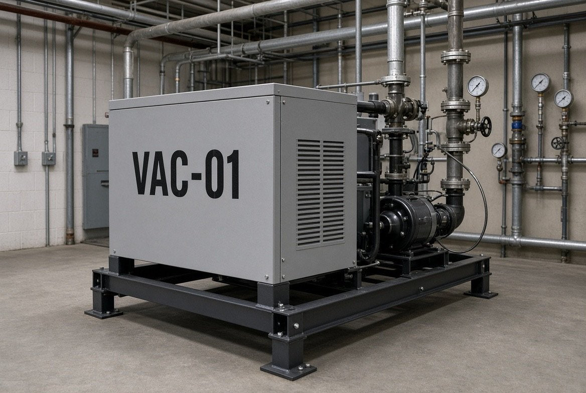Illustration of VAC-01 medical vacuum cut-vinyl equipment ID in a medical gas plant room