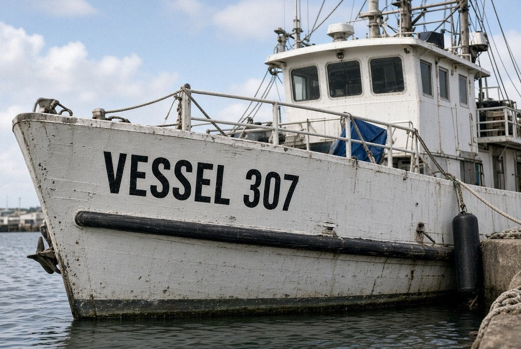 Illustration of VESSEL 307 cut-vinyl official vessel identification on a fishing boat hull