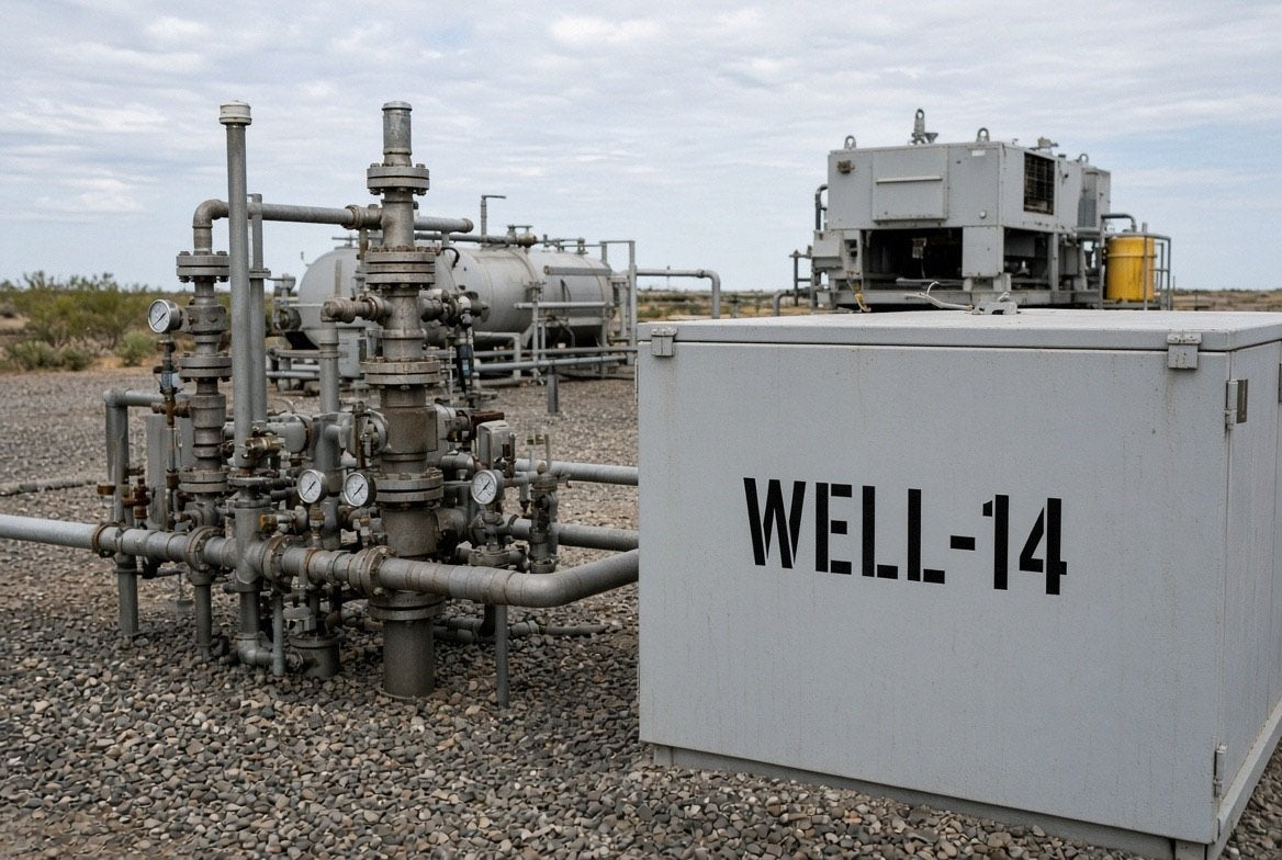 Illustration of WELL-14 cut-vinyl site identification on a wellhead control building