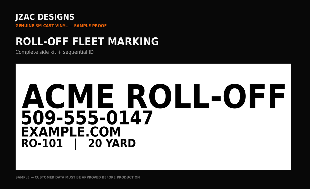 Roll-off dumpster fleet lettering and container ID proof example