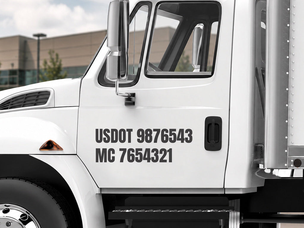 USDOT and MC number lettering on a white commercial box truck door - USDOT + MC compliance kit by JZac Designs
