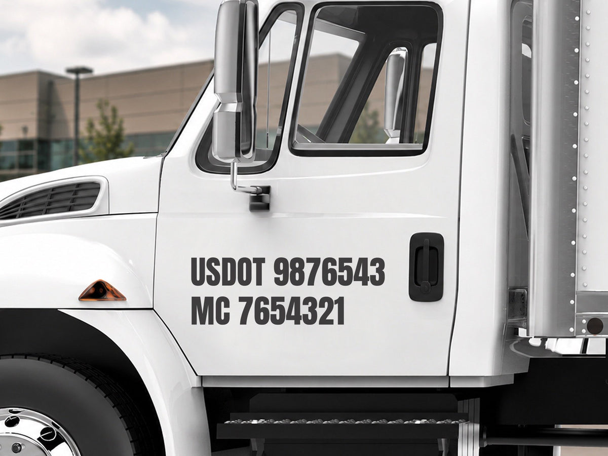 USDOT and MC number lettering on a white commercial box truck door - USDOT + MC compliance kit by JZac Designs