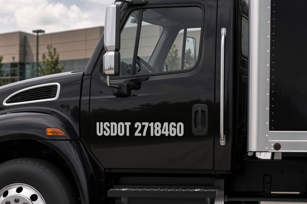 Black commercial truck with white USDOT 2718460 lettering on the driver door