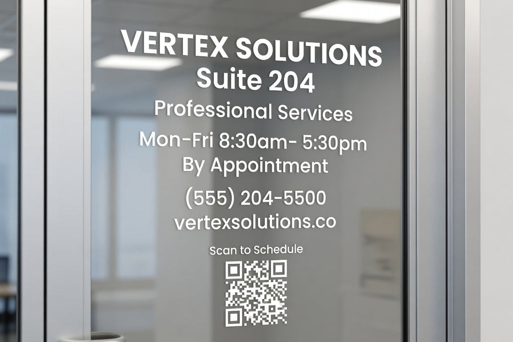 Office door graphics with suite information - name, hours and contact in cut vinyl