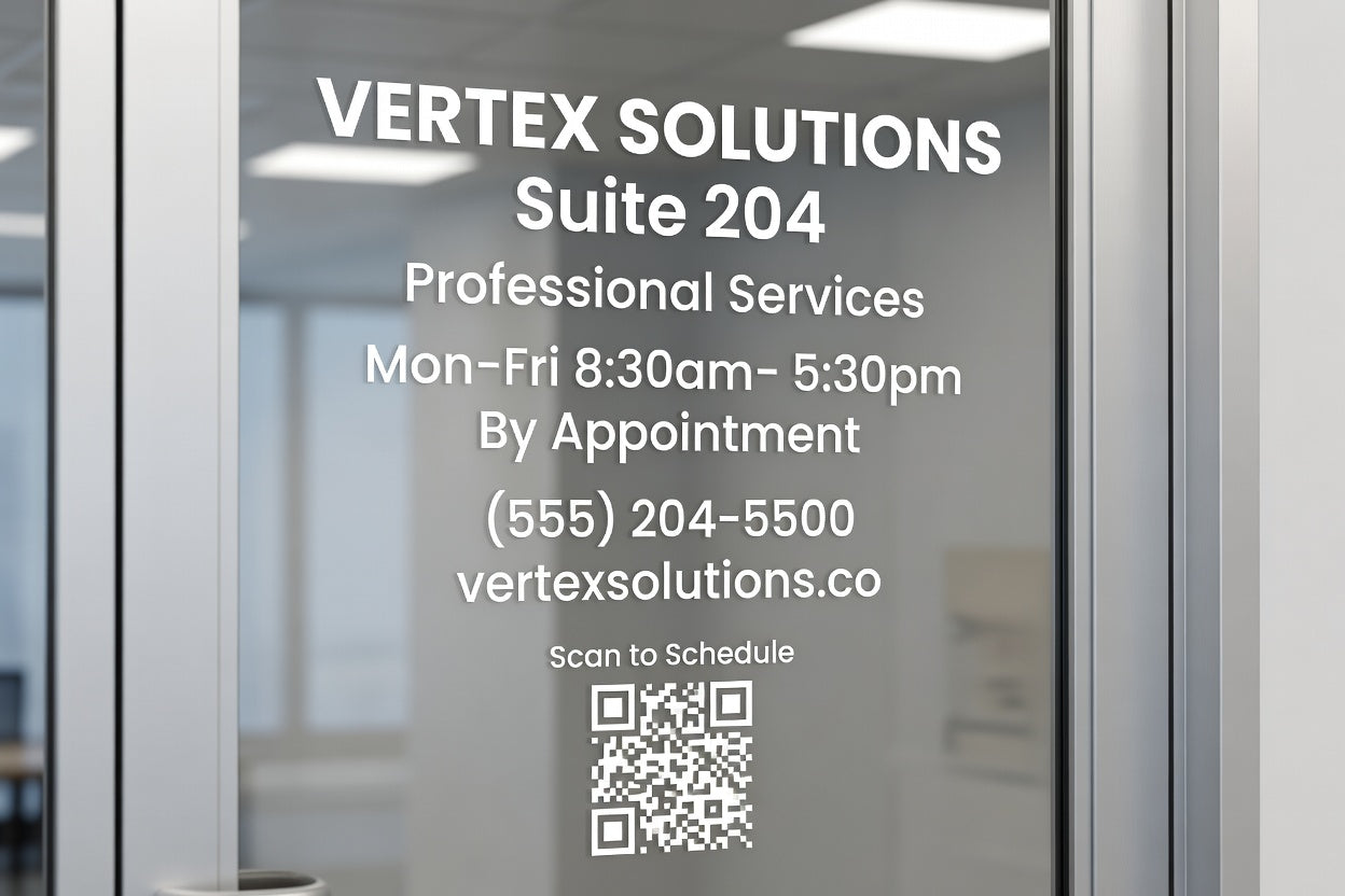 Office door graphics with suite information - name, hours and contact in cut vinyl
