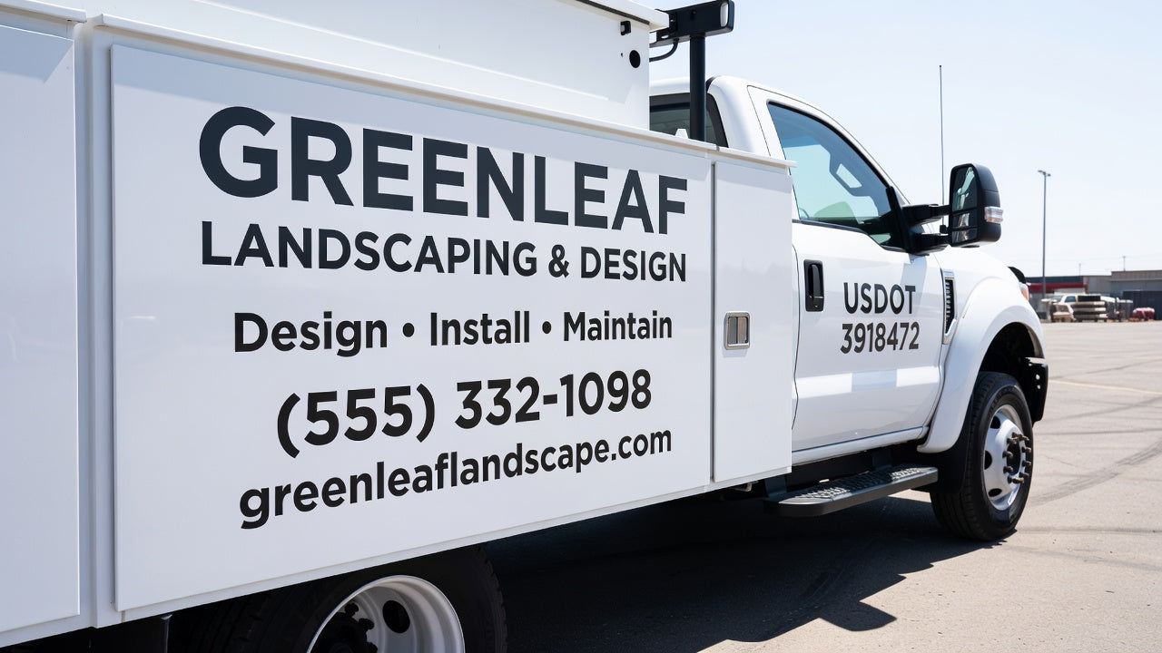 Full side truck lettering layout - company name, services and phone number in cut vinyl