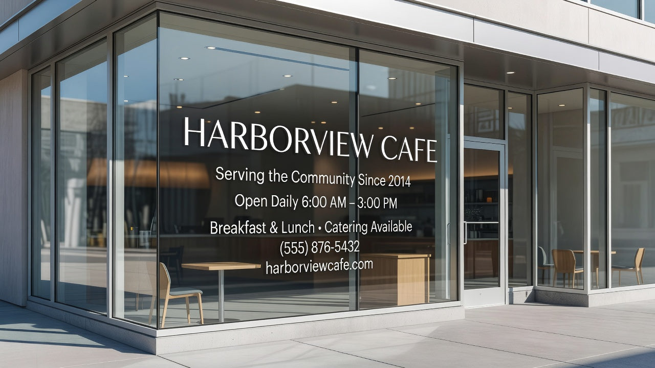 Storefront window vinyl - business name, hours and contact details in cut lettering